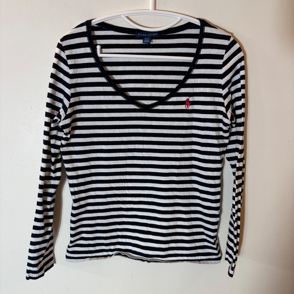 Ralph Lauren Navy White Striped V-Neck Long Sleeve Cotton Tee Shirt Size Medium